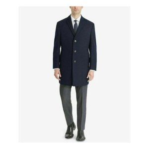 CALVIN KLEIN Mens Navy Single Breasted, Wool Blend Overcoat